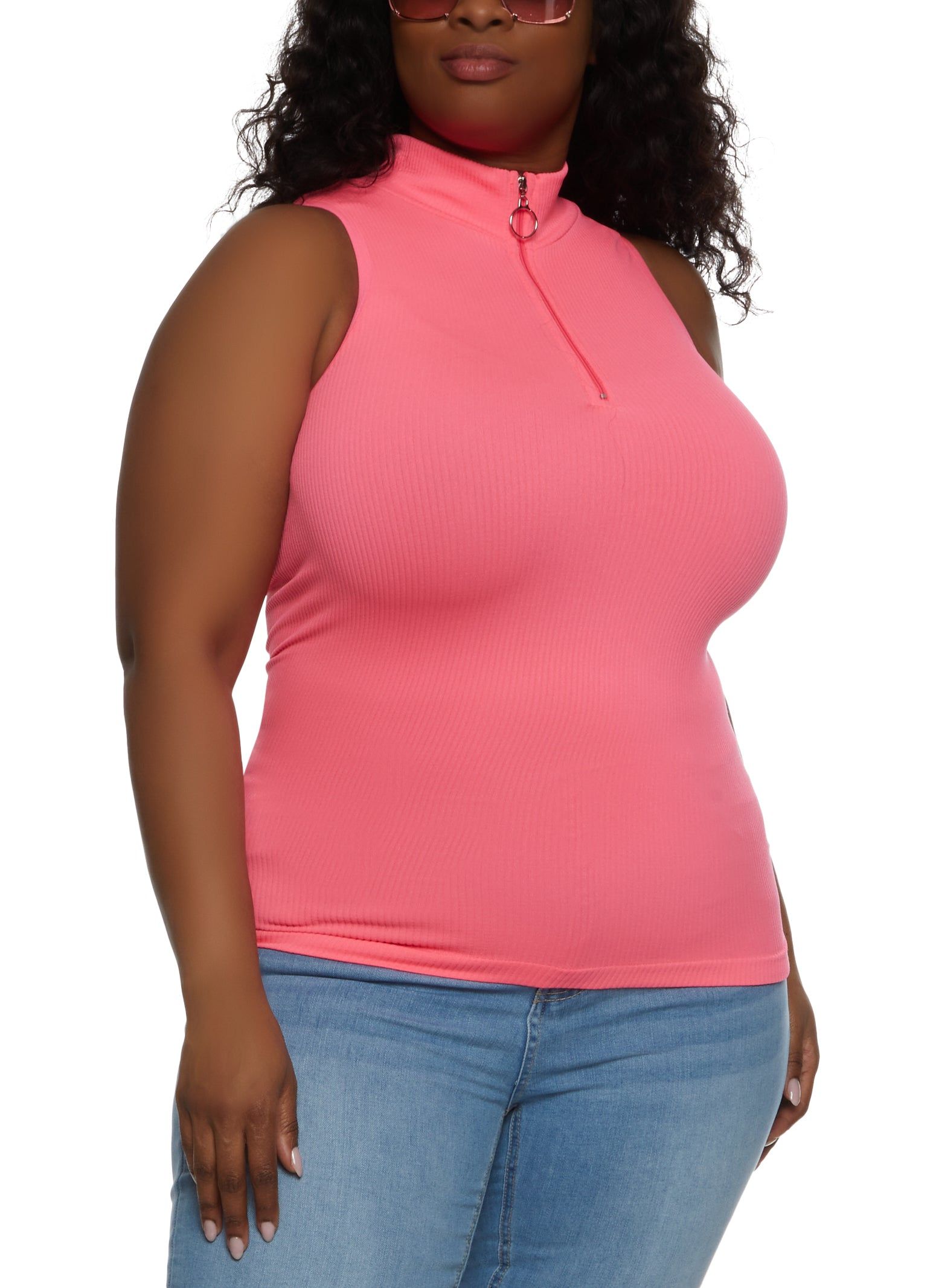 Plus Size Ribbed Sleeveless Zip Neck Top sold by Rainbow