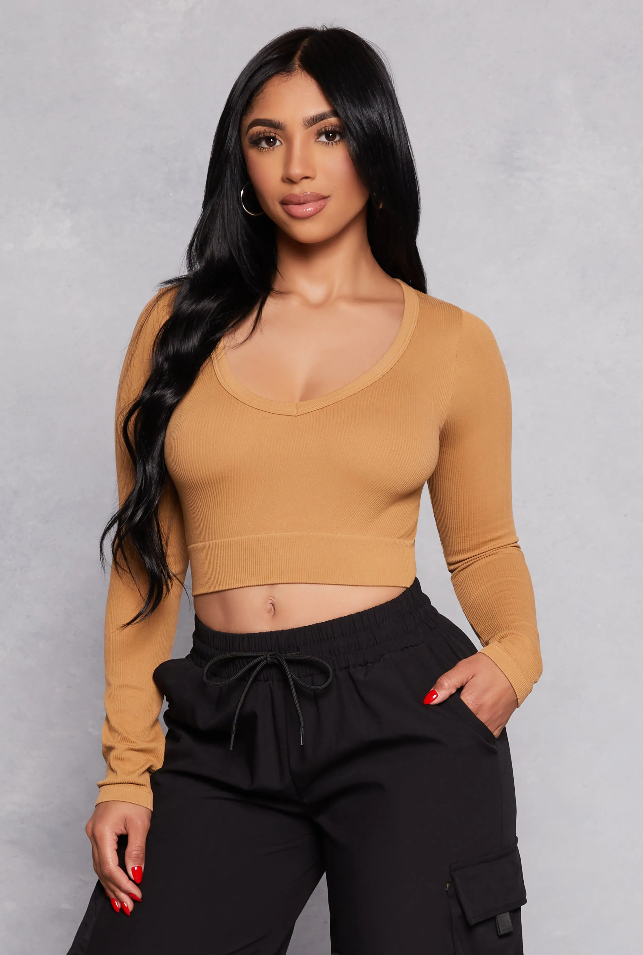 Seamless Ribbed Knit Long Sleeve Crop Top sold by Rainbow