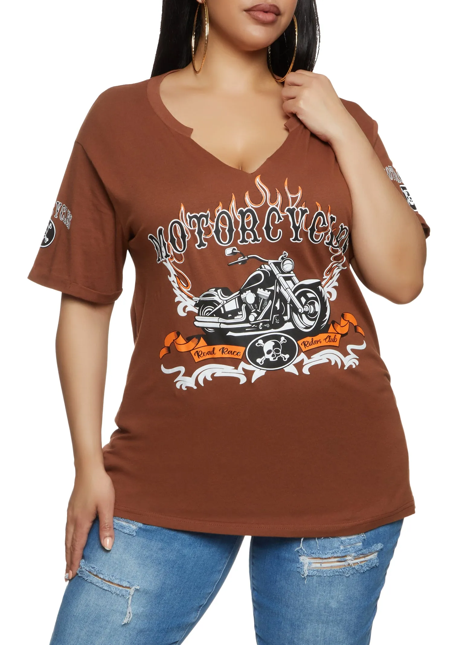 Plus Size Motorcycle Graphic Notch Neck Tee sold by Rainbow