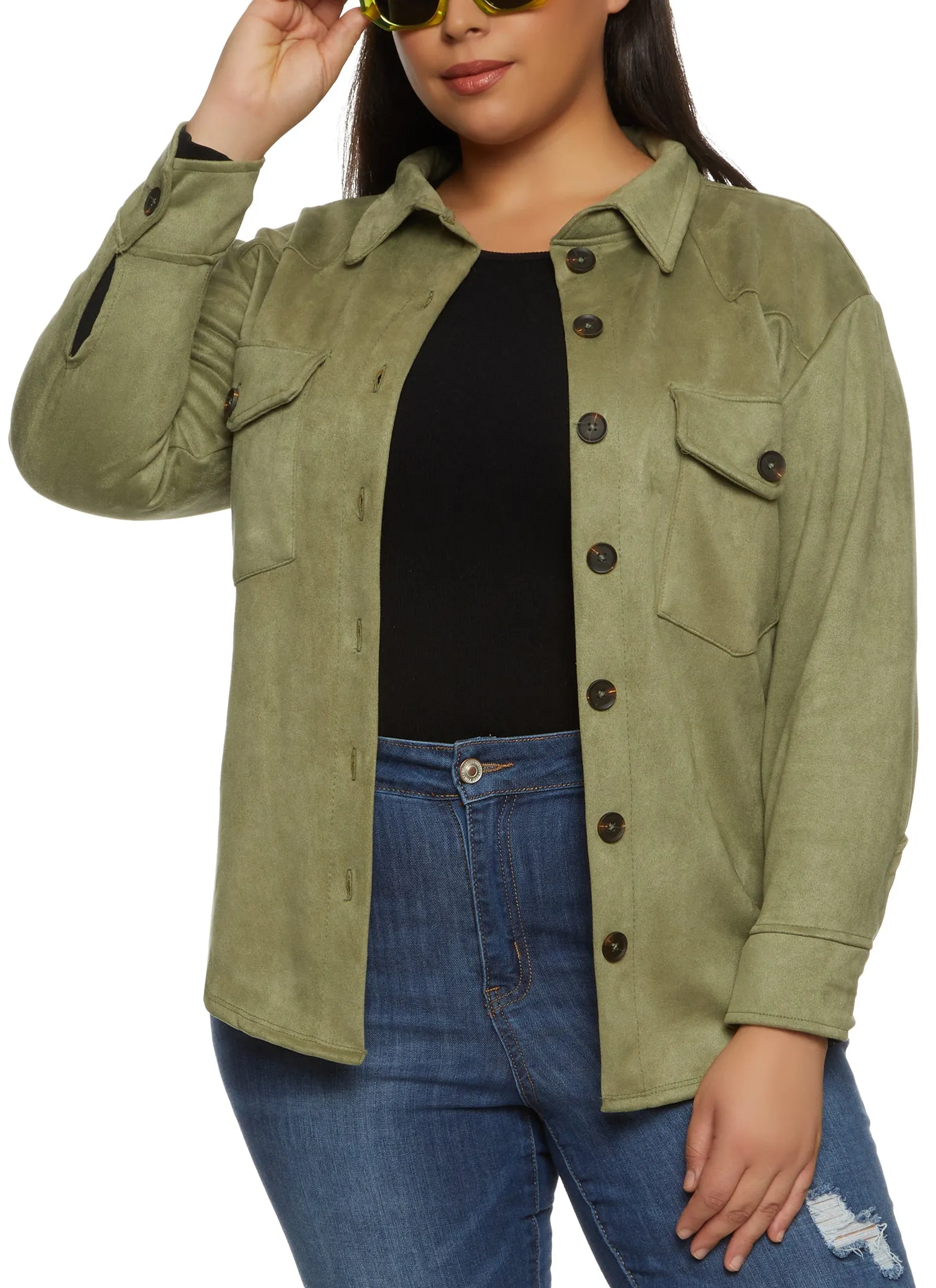 Plus Size Faux Suede Button Front Shirt sold by Rainbow