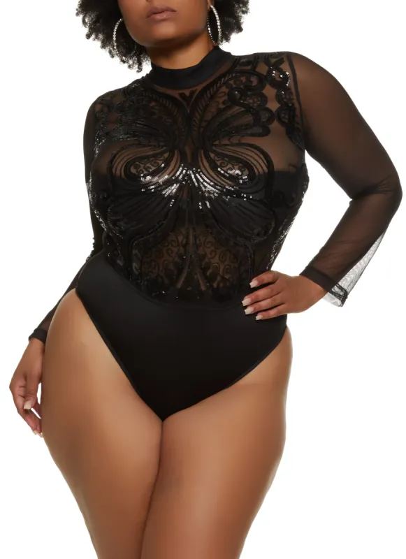 Plus Size Butterfly Sequin Mesh Long Sleeve Bodysuit sold by Rainbow