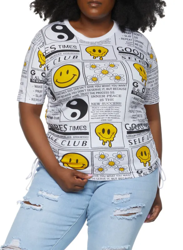 Plus Size Ruched Smiley Face Graphic Tee sold by Rainbow