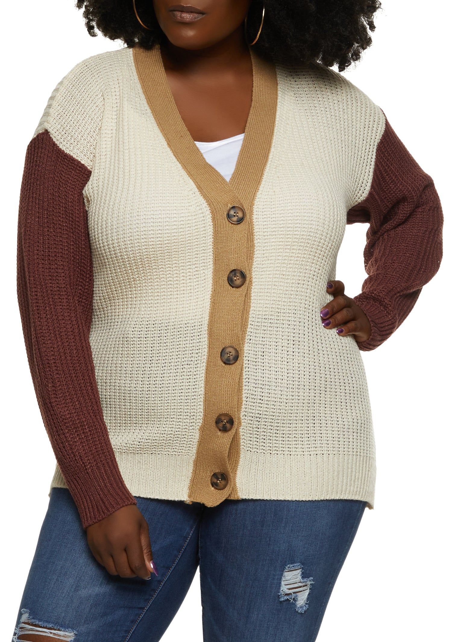 Plus Size Color Block Button Front Cardigan sold by Rainbow