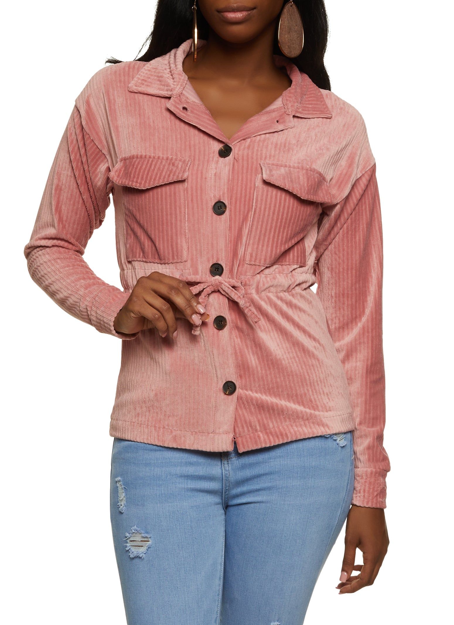 Ribbed Knit Velour Button Front Tie Waist Shirt sold by Rainbow