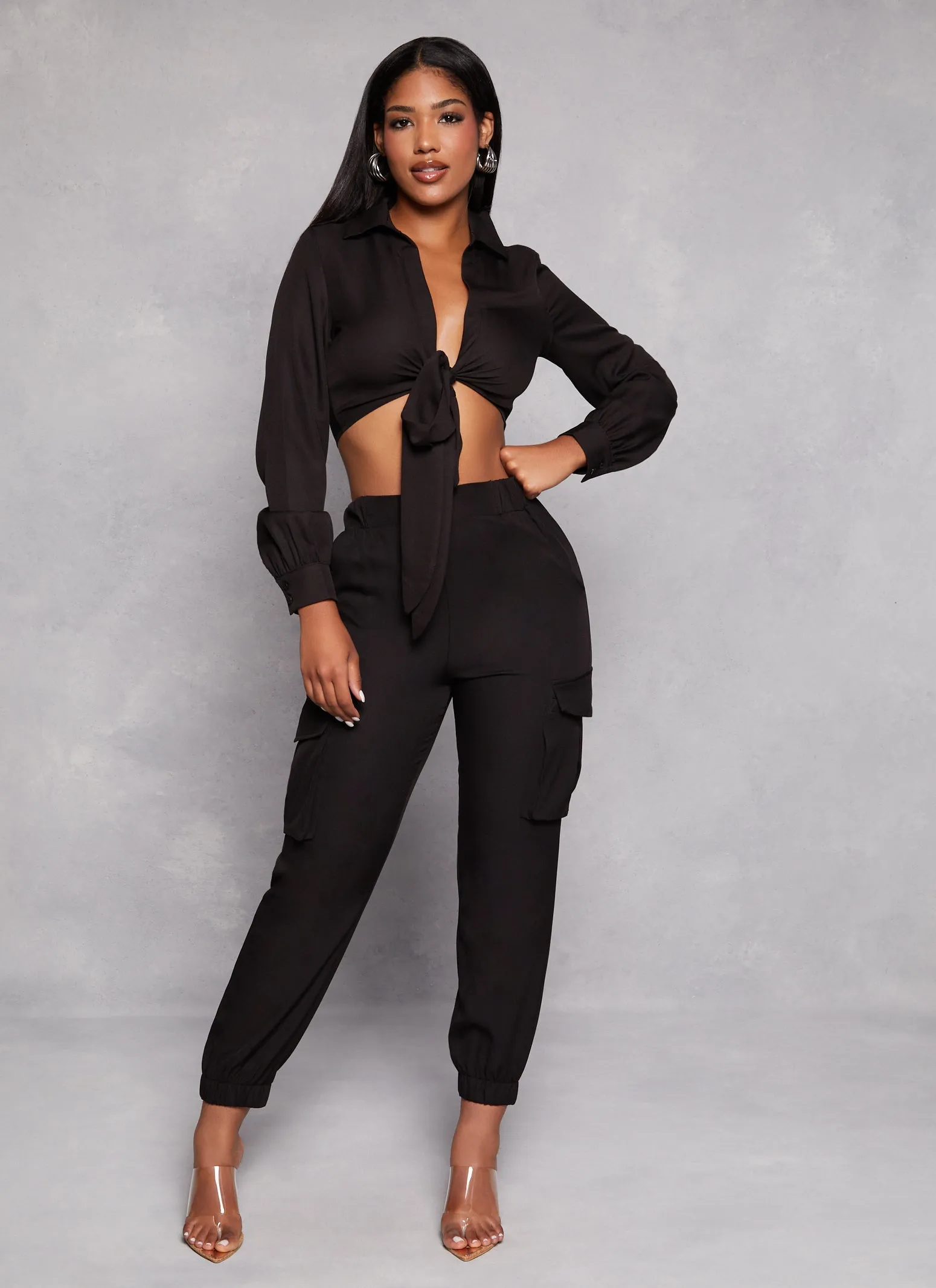 Crepe Knit Long Sleeve Tie Front Crop Top sold by Rainbow product image thumbnail 2