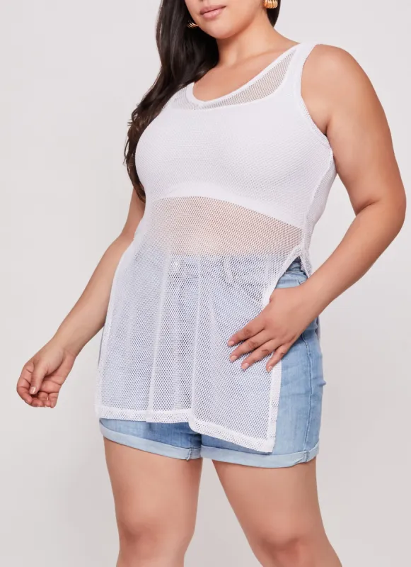 Plus Size Fishnet Side Slit Tank Top sold by Rainbow
