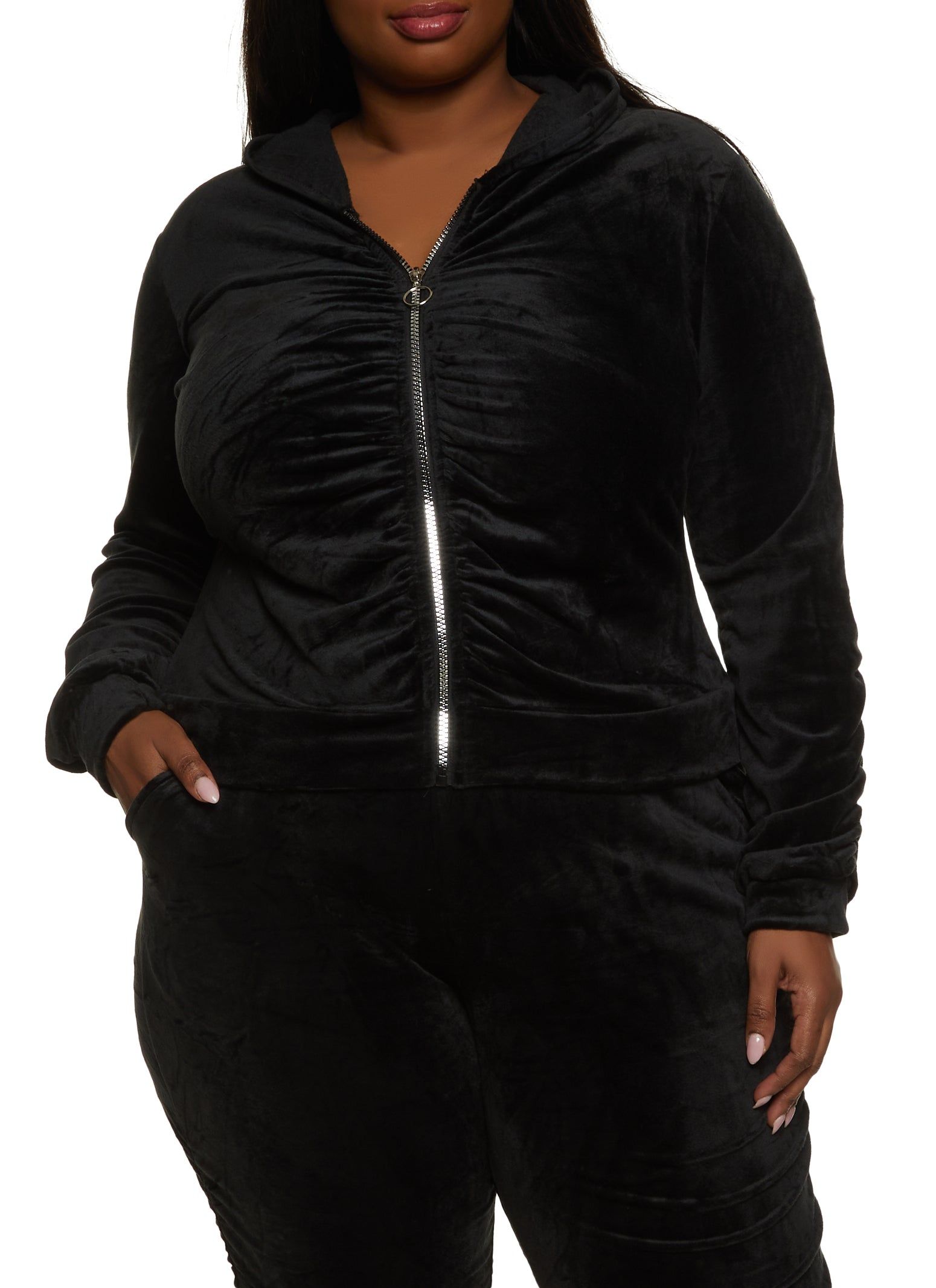 Plus Size Ruched Zip Front Hooded Sweatshirt sold by Rainbow