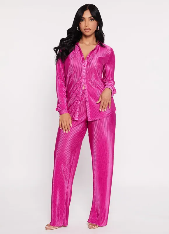 Plisse Button Front Shirt and Pants Set sold by Rainbow