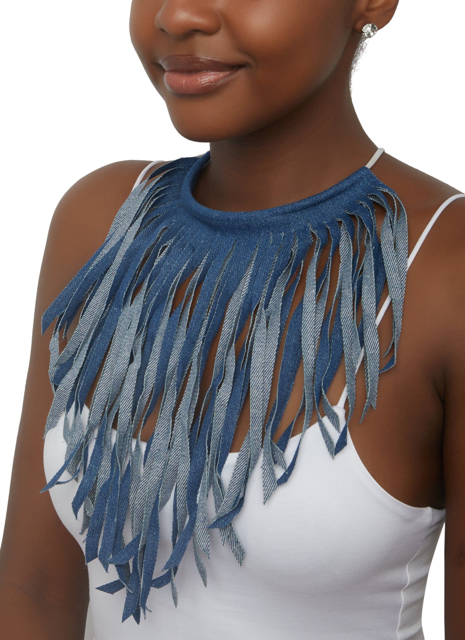 Denim Fringe Choker Necklace and Stud Earrings sold by Rainbow