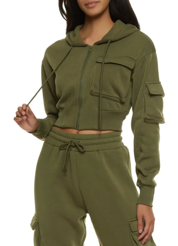 Solid Cargo Pocket Cropped Hoodie sold by Rainbow