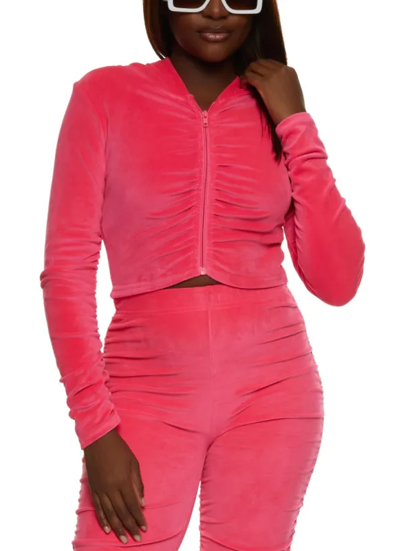 Velour Ruched Zip Front Hoodie sold by Rainbow