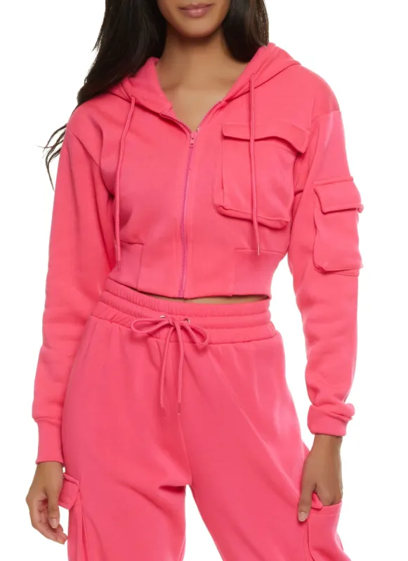 Solid Cargo Pocket Cropped Hoodie sold by Rainbow