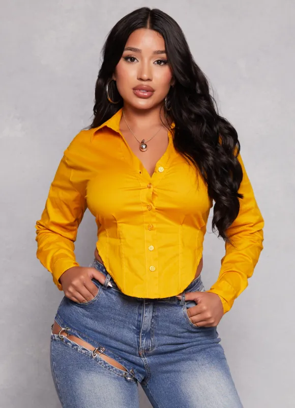 Button Front Smocked Corset Detail Blouse sold by Rainbow