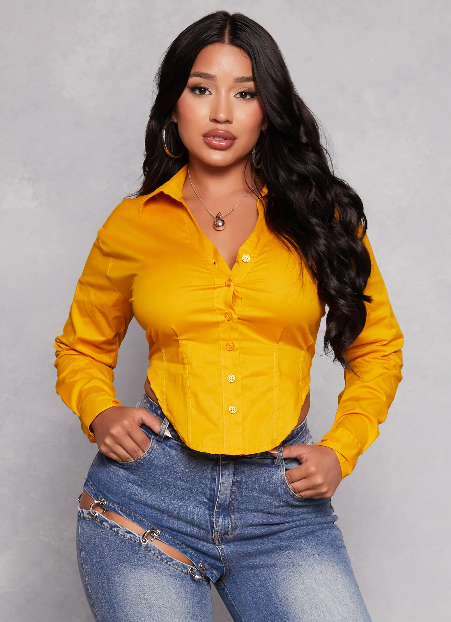 Button Front Smocked Corset Detail Blouse sold by Rainbow