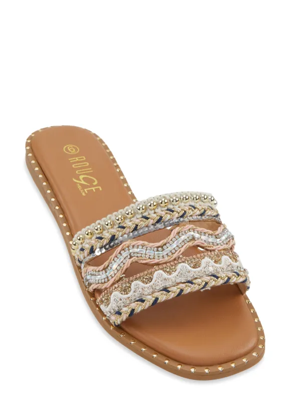 Studded Embroidered Sequin Cut Out Band Slide Sandals sold by Rainbow