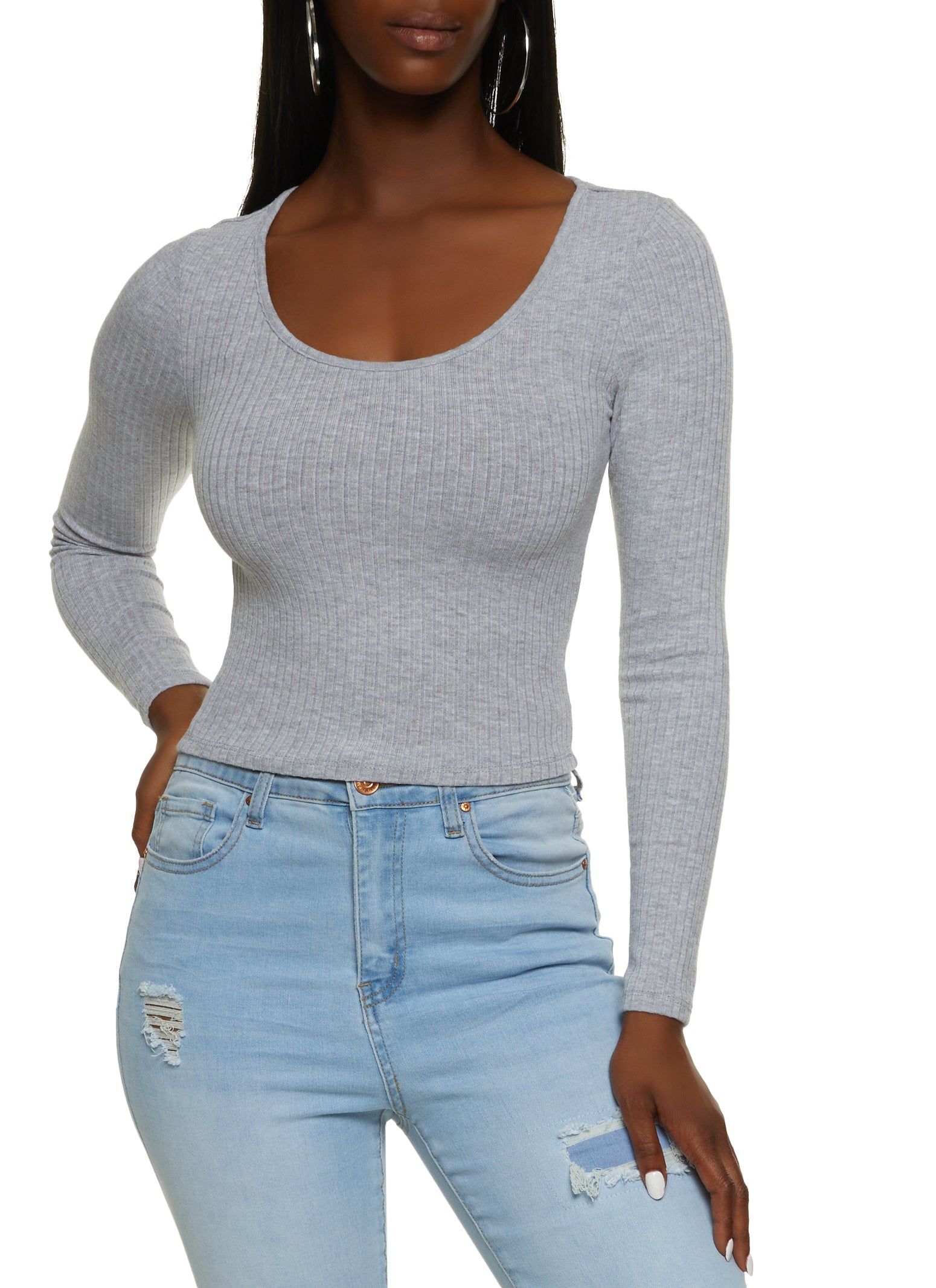 Ribbed Scoop Neck Long Sleeve Top sold by Rainbow