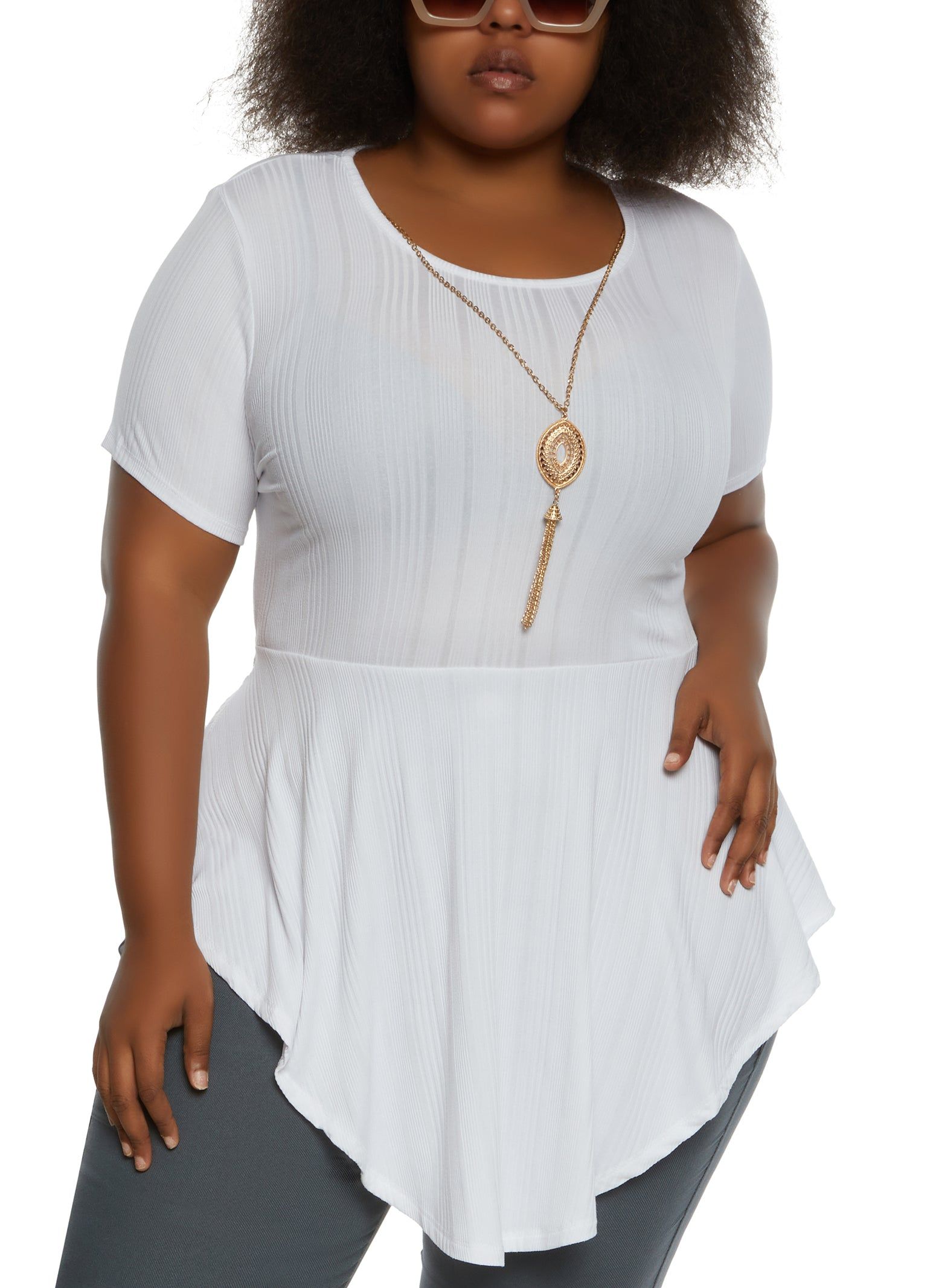 Plus Size Ribbed Hanky Hem Top with Necklace sold by Rainbow