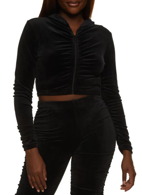 Velour Ruched Zip Front Hoodie sold by Rainbow