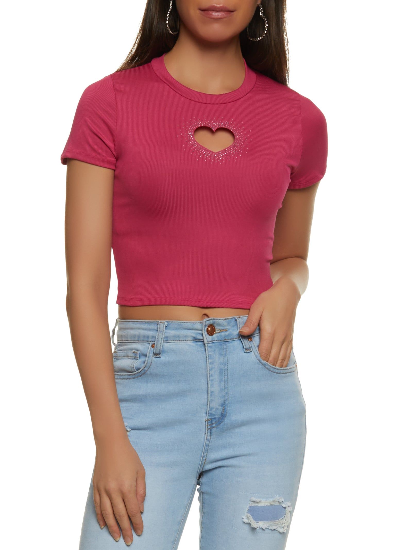 Rhinestone Heart Cut Out Crop Top sold by Rainbow