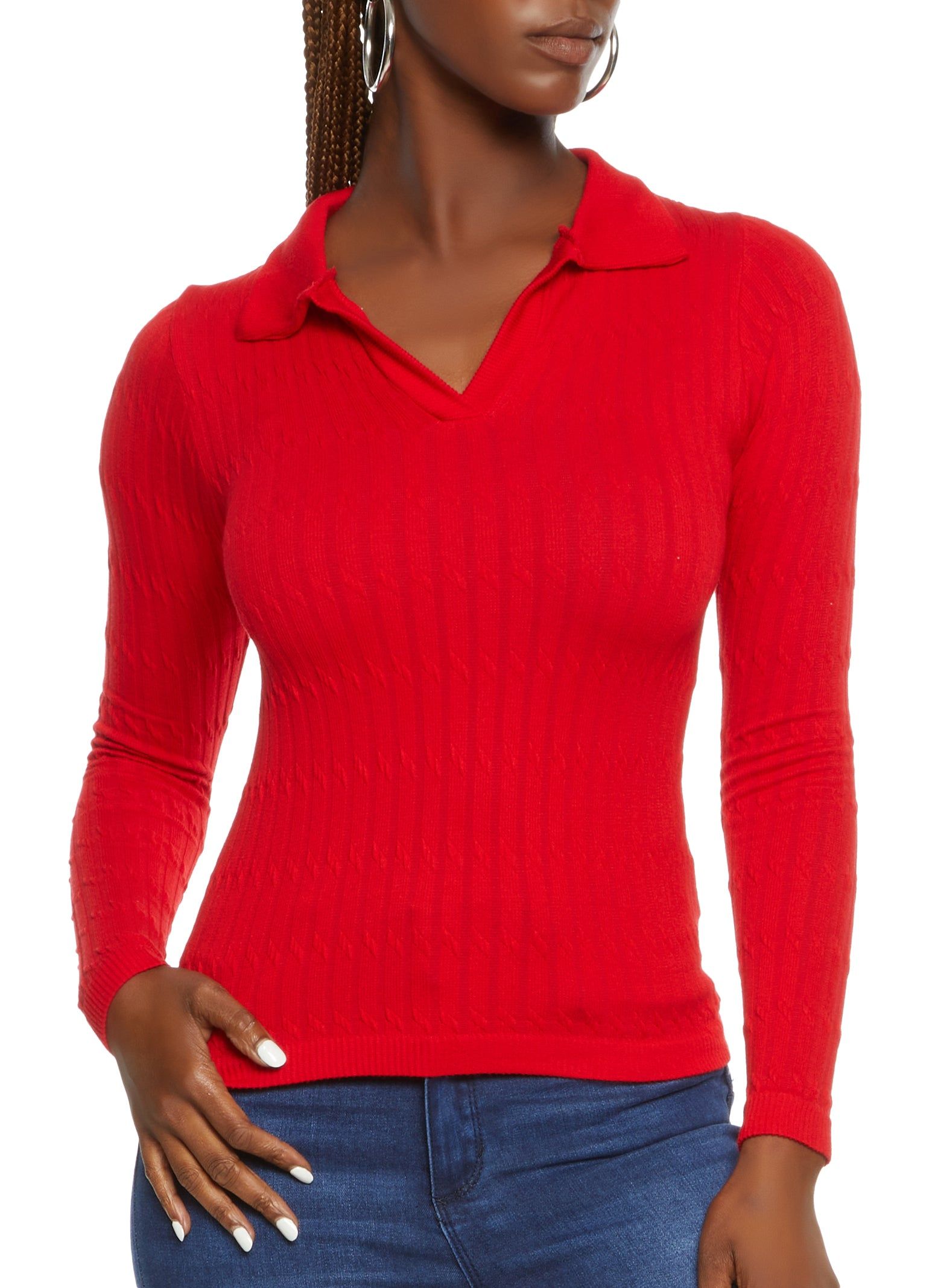 Seamless Cable Knit Long Sleeve Collared Top sold by Rainbow