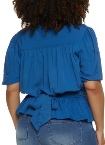 Plus Size Faux Button Tie Back Peplum Top sold by Rainbow