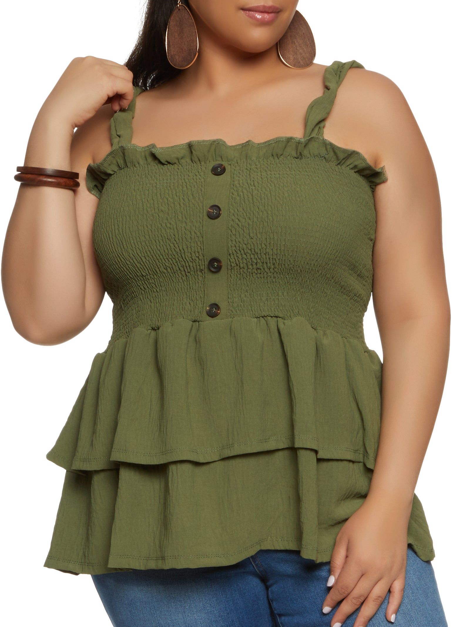 Plus Size Smocked Button Front Tank Top sold by Rainbow