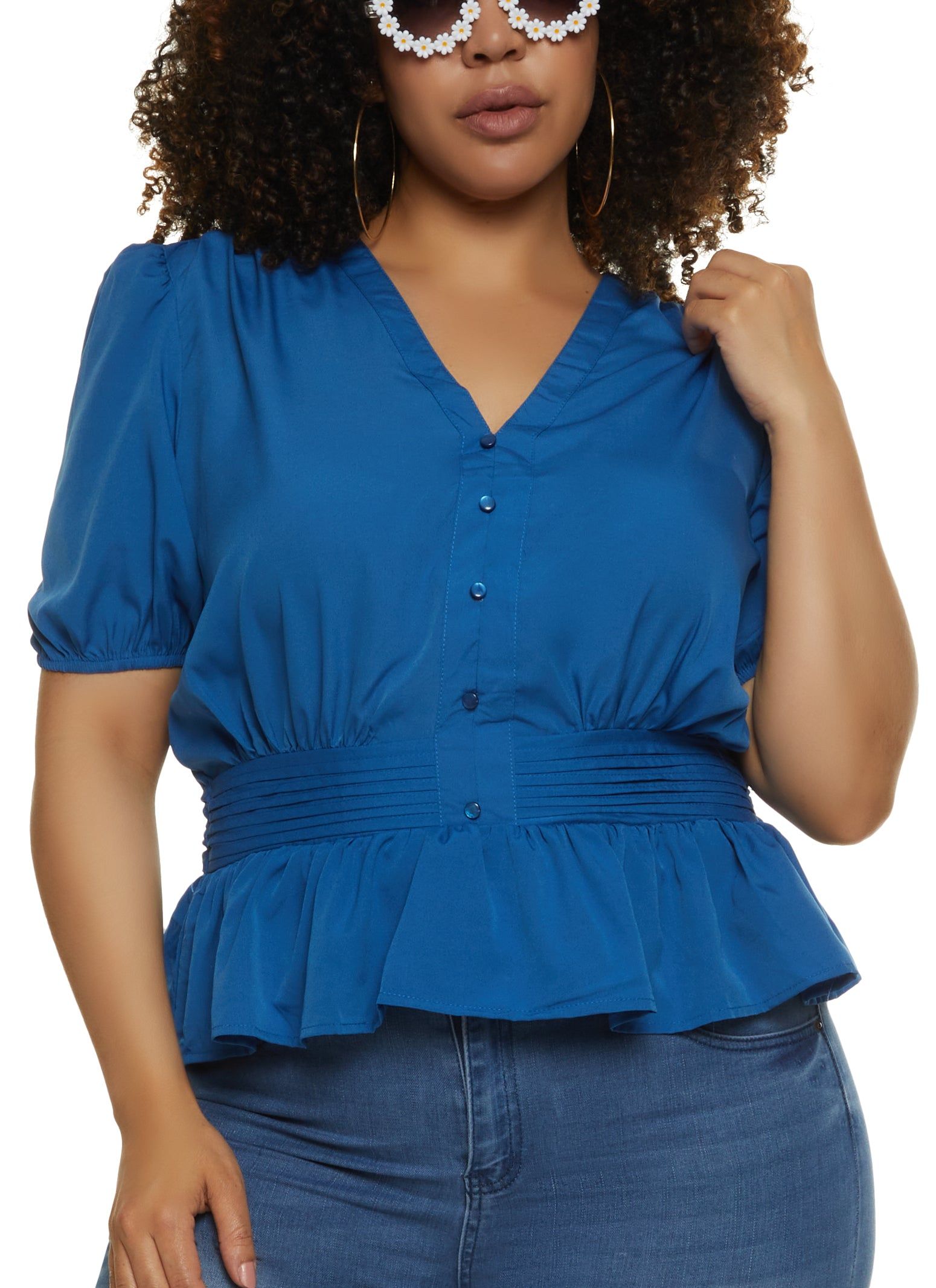 Plus Size Faux Button Tie Back Peplum Top sold by Rainbow
