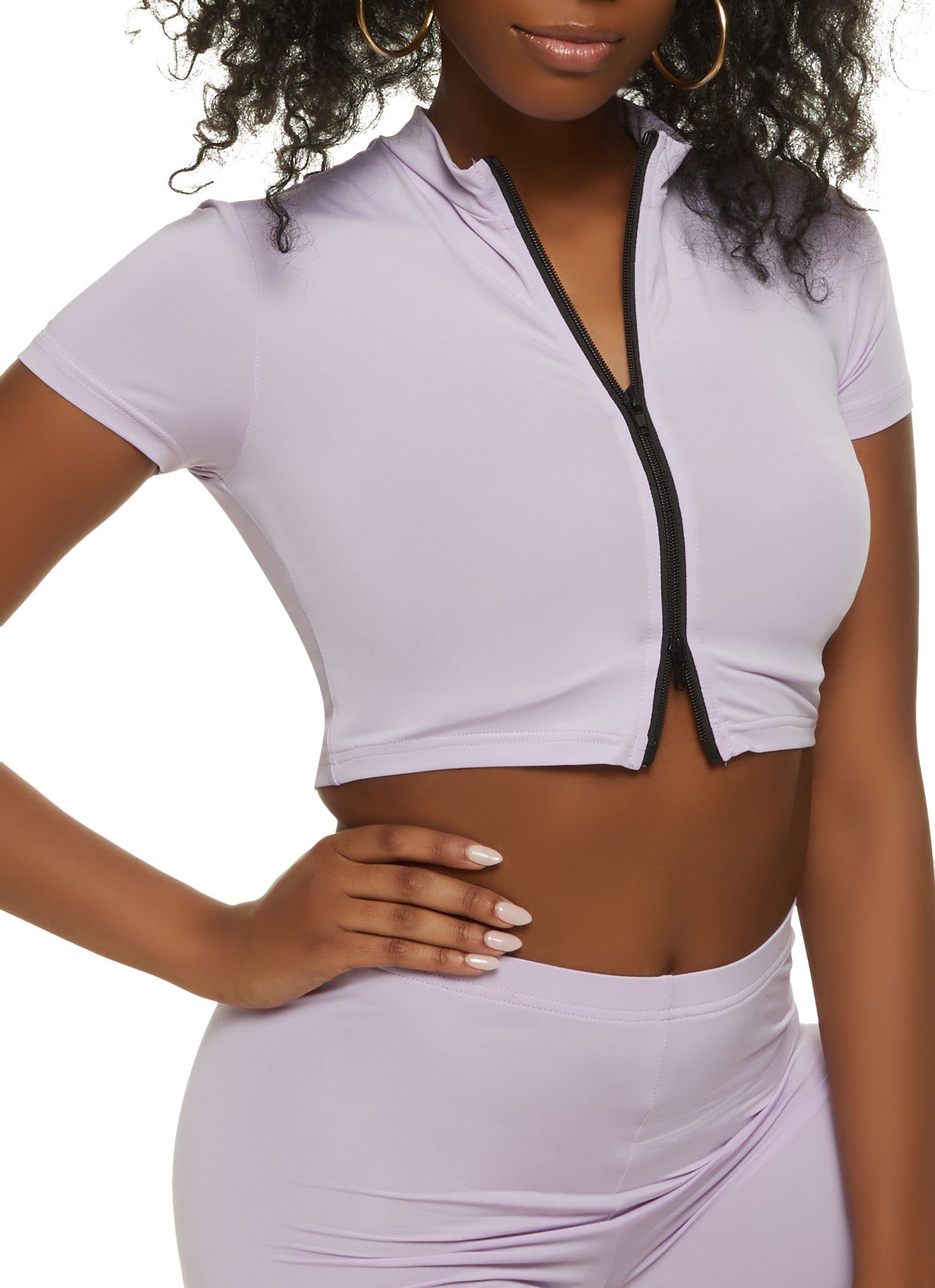 Zip Front Short Sleeve Crop Top sold by Rainbow