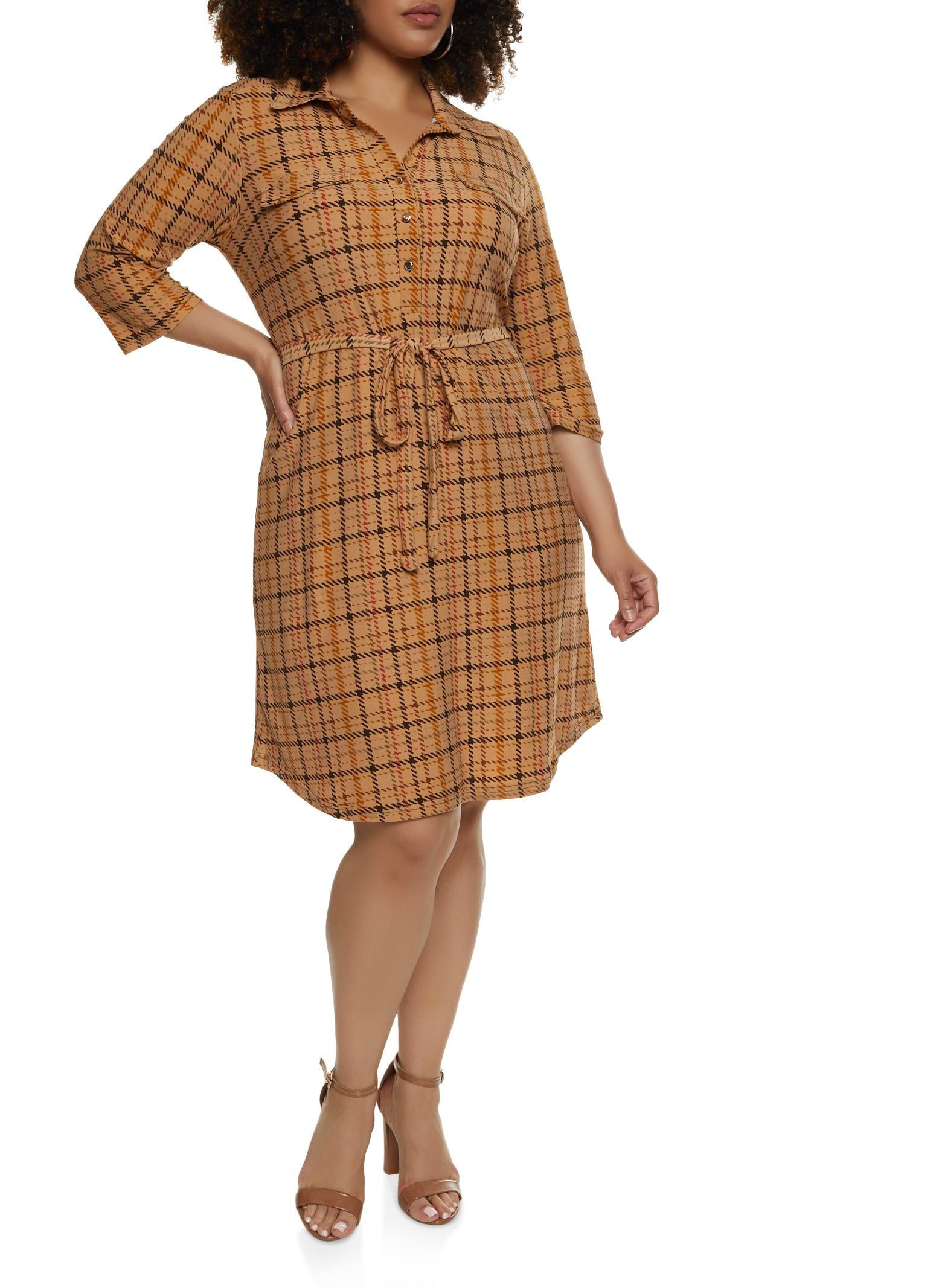Plus Size Plaid Flap Pocket Tie Waist Shirt Dress sold by Rainbow product image thumbnail 2