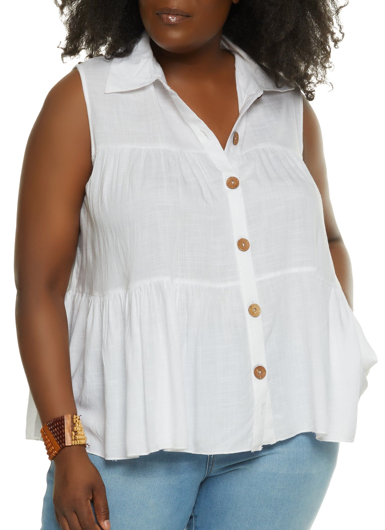 Plus Size Linen Tiered Button Front Shirt sold by Rainbow