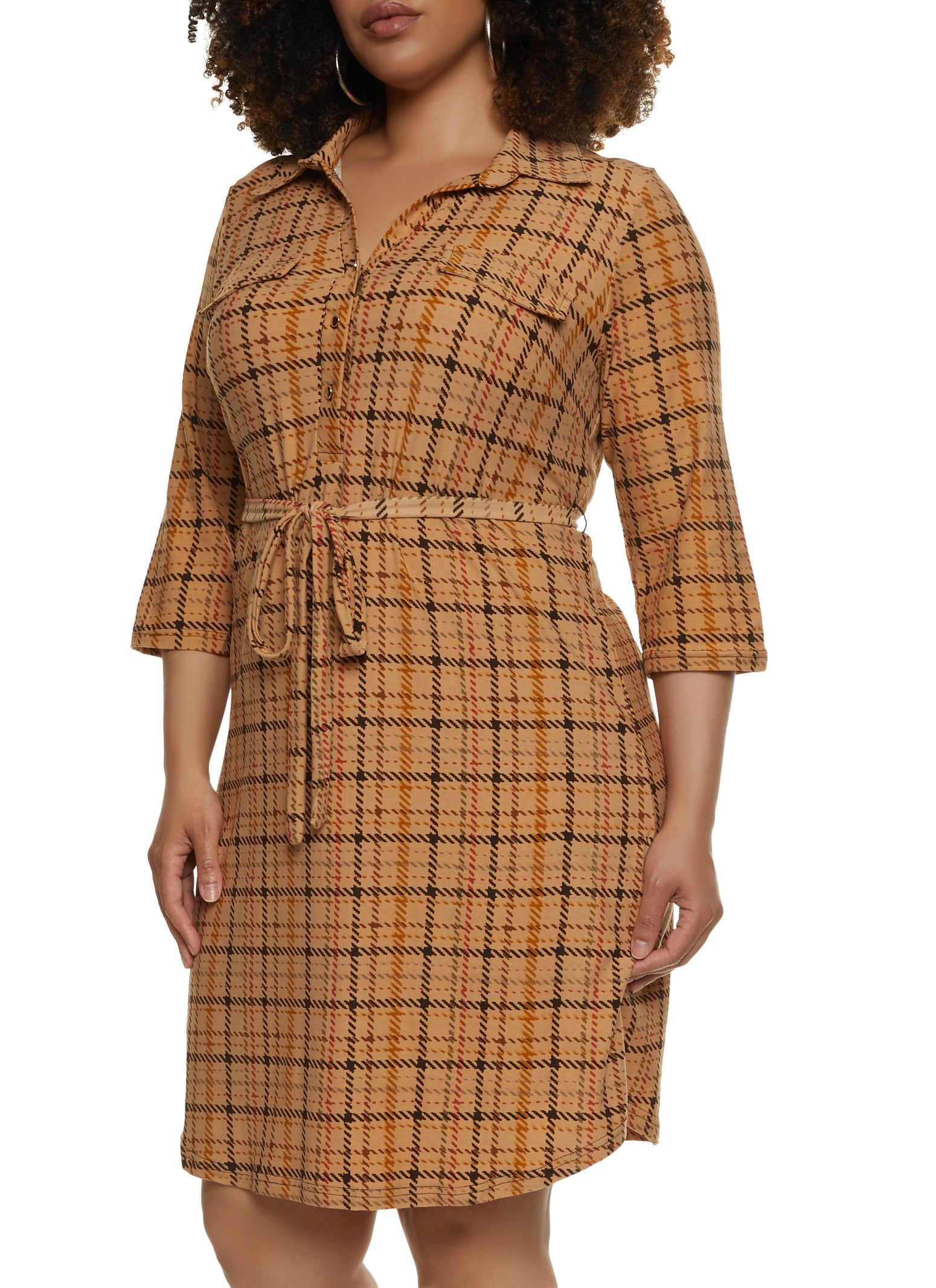 Plus Size Plaid Flap Pocket Tie Waist Shirt Dress sold by Rainbow