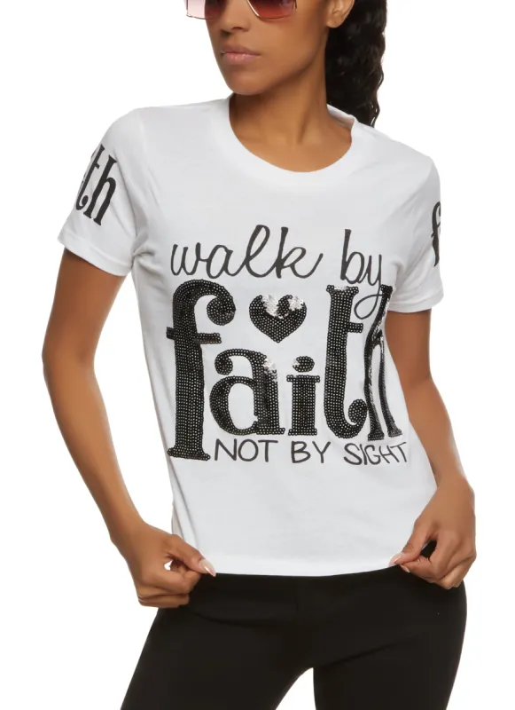 Walk By Faith Not By Sight Sequin Graphic Tee sold by Rainbow