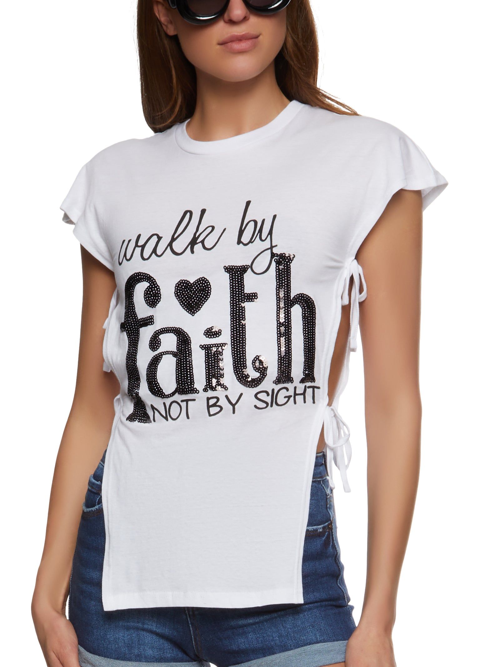 Sequin Walk By Faith Tie Side Graphic Top sold by Rainbow