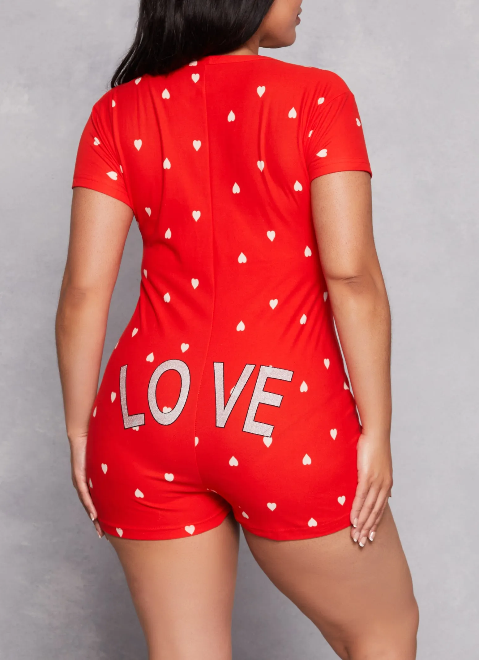 Plus Size Love Heart Print Button Front Pajama Romper sold by Rainbow