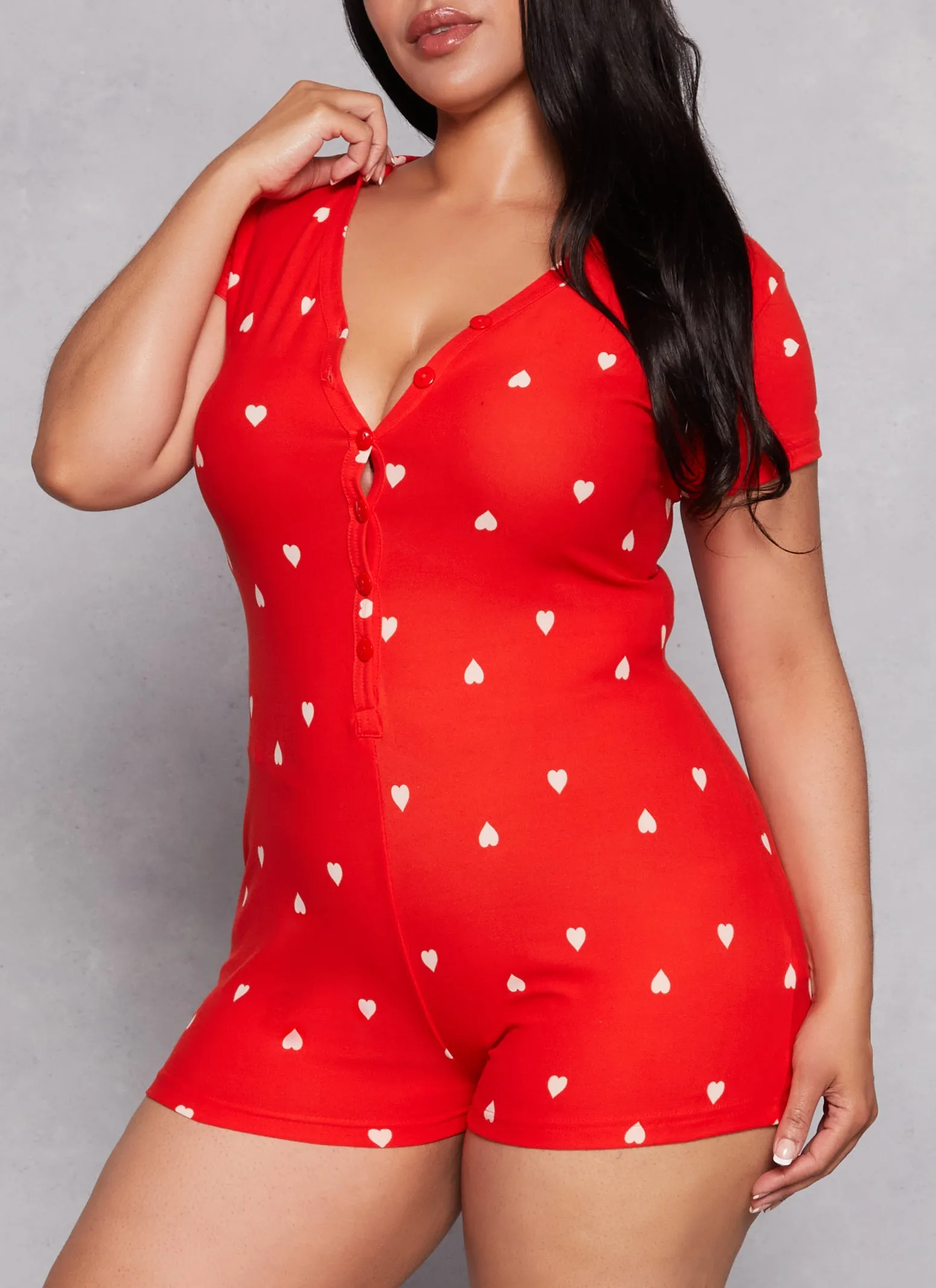 Plus Size Love Heart Print Button Front Pajama Romper sold by Rainbow product image thumbnail 3