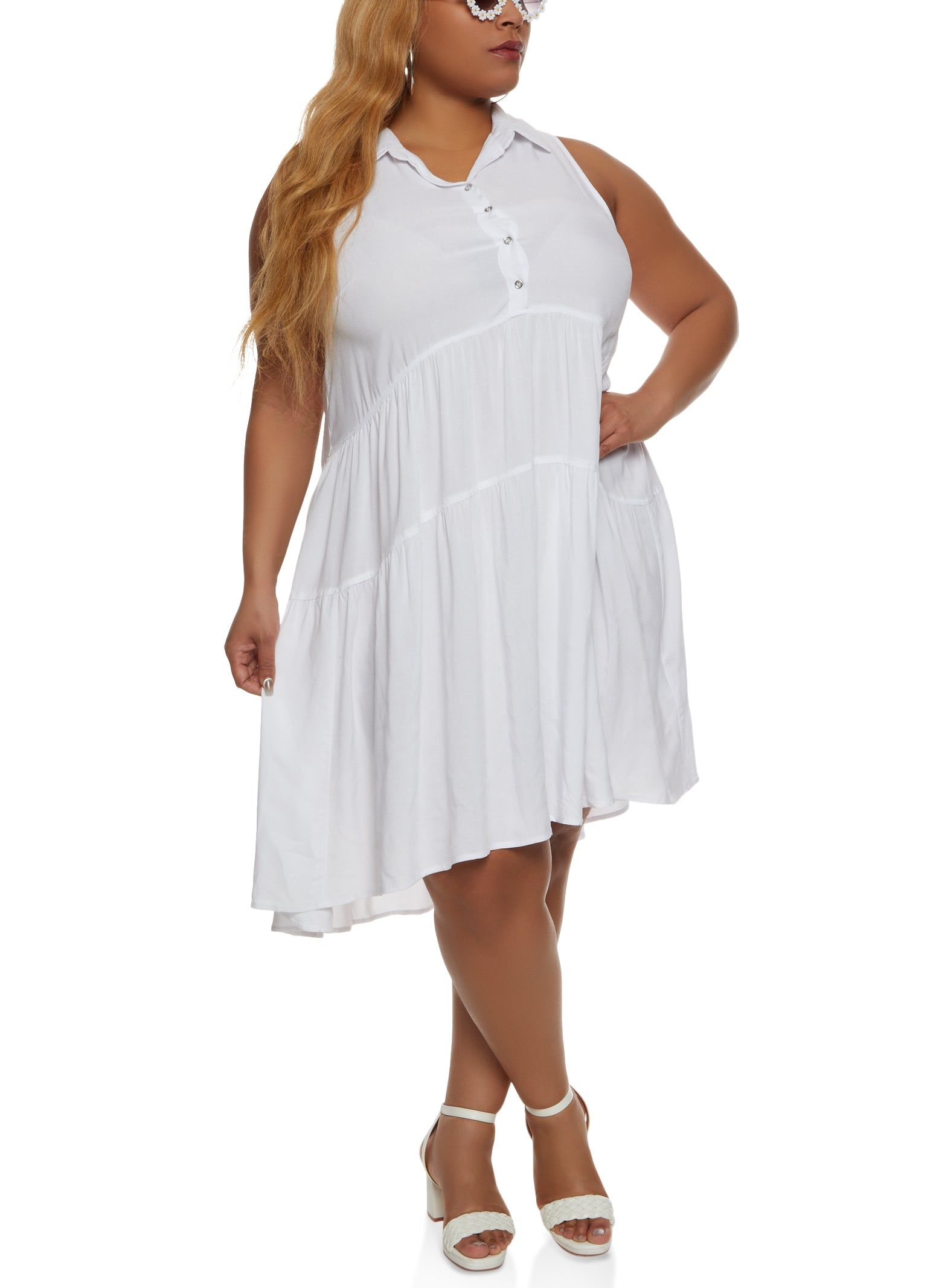 Plus Size Half Button Tiered Shift Dress sold by Rainbow