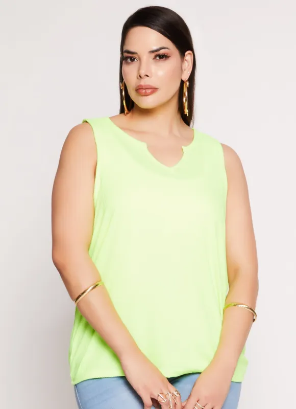 Plus Size Rib Knit Notch Neck Tank Top sold by Rainbow