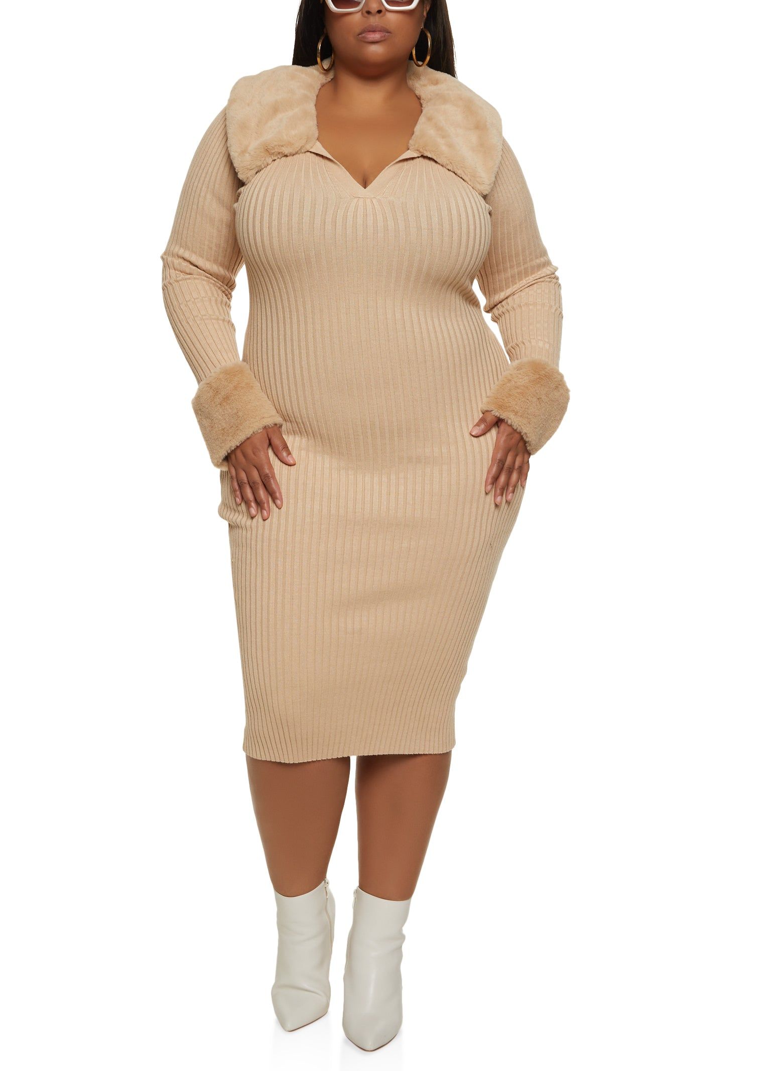 Plus Size Faux Fur Trim Ribbed Knit Sweater Dress sold by Rainbow product image thumbnail 2