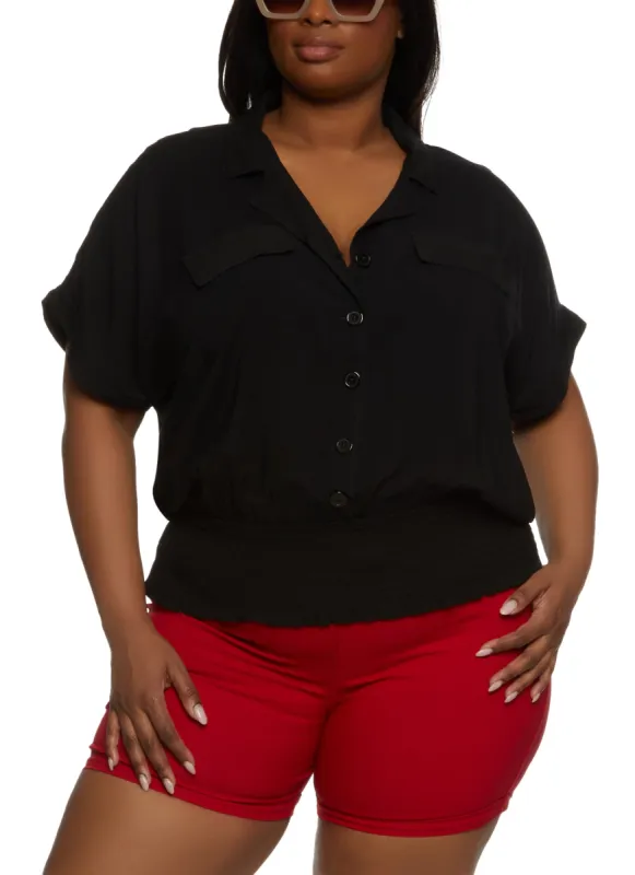 Plus Size Smocked Waist Button Front Blouse sold by Rainbow