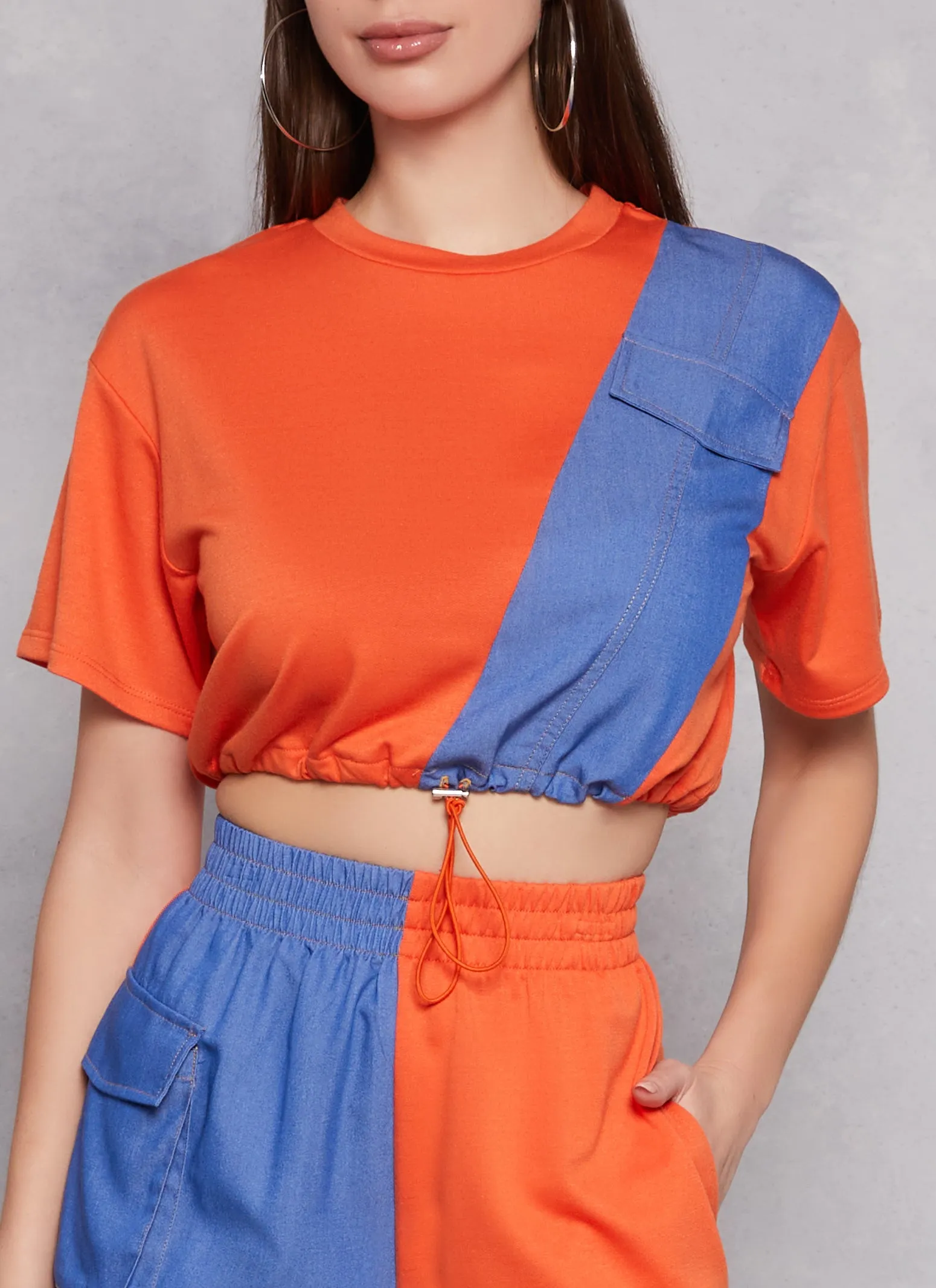 Chambray Color Block Drawstring Hem Top sold by Rainbow