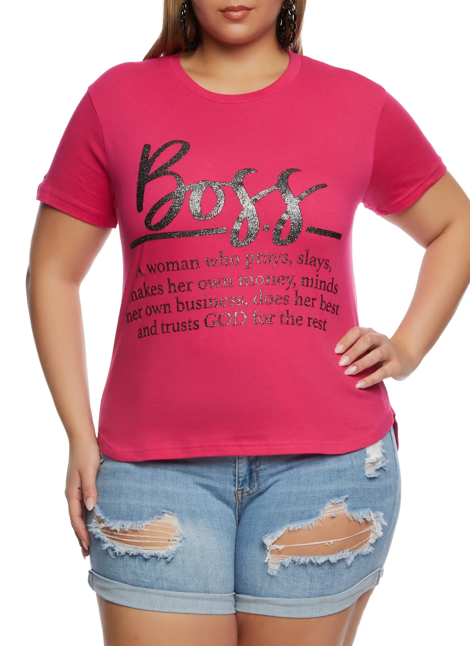 Plus Size Boss Glitter High Low Graphic T Shirt sold by Rainbow