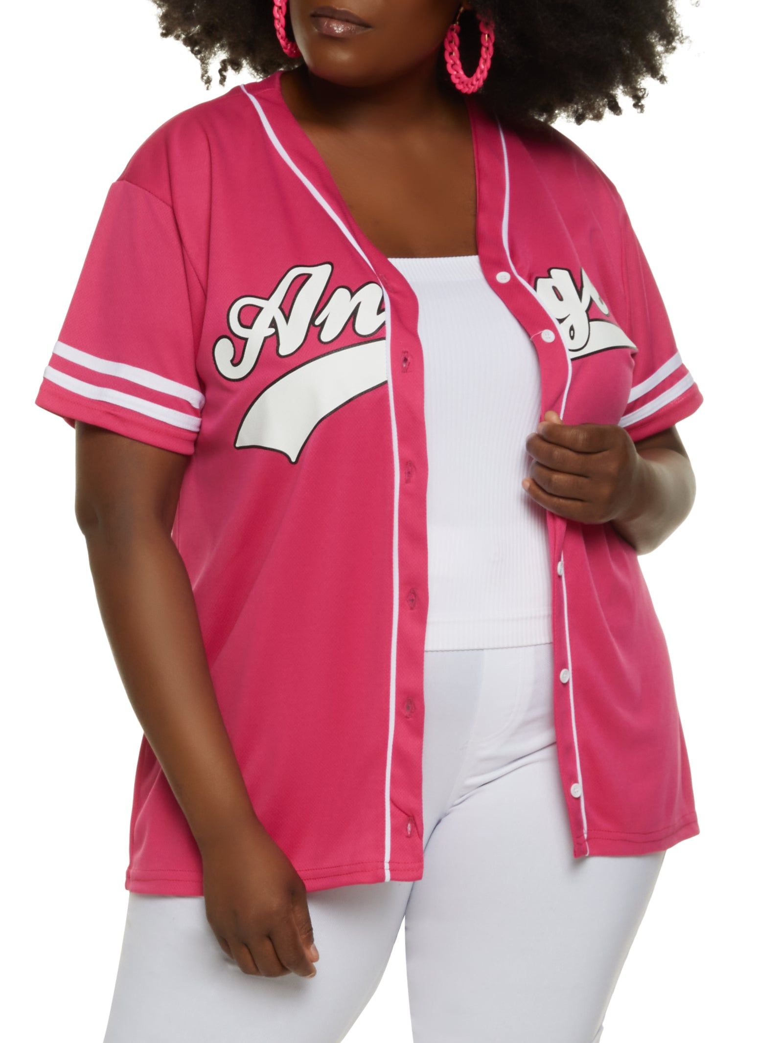 Plus Size Angel Button Front Mesh Baseball Tee sold by Rainbow