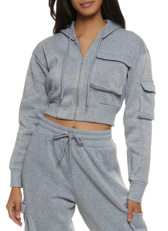 Solid Cargo Pocket Cropped Hoodie sold by Rainbow