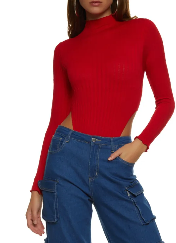 Rib Knit Lettuce Edge High Cut Bodysuit made by Rainbow