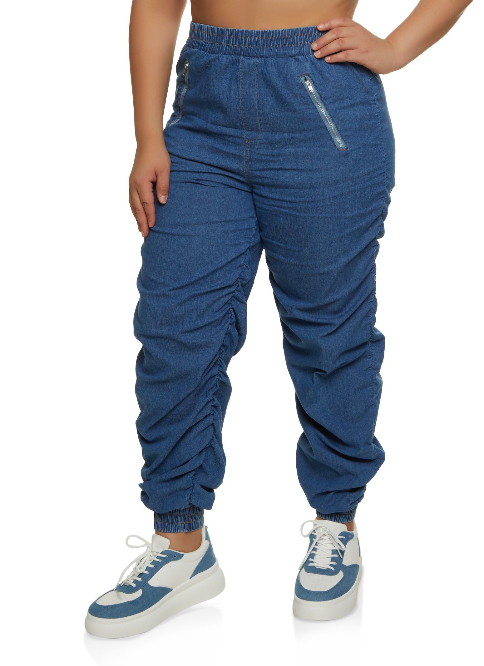 Plus Size Almost Famous Denim High Waist Ruched Joggers sold by Rainbow