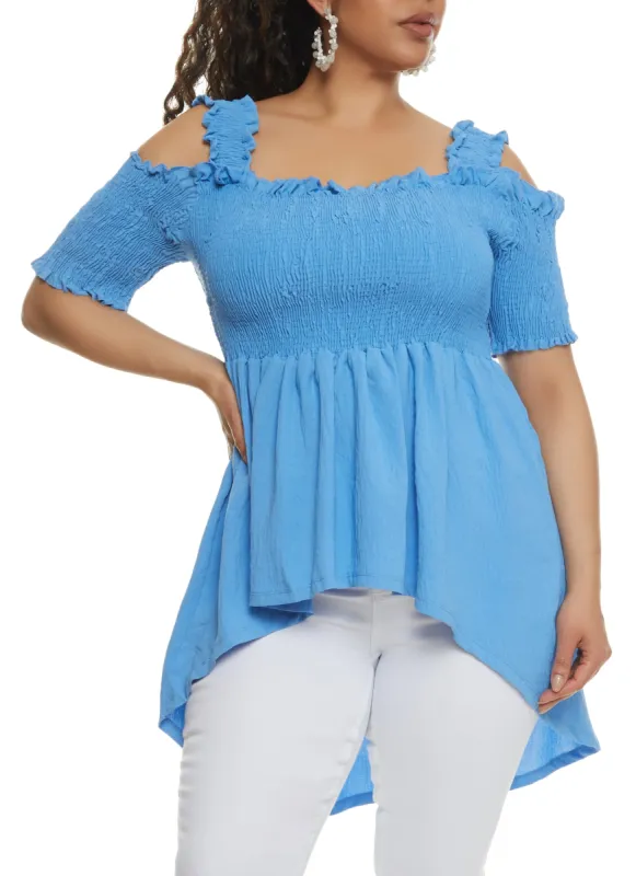 Plus Size Smocked High Low Hem Peplum Top sold by Rainbow