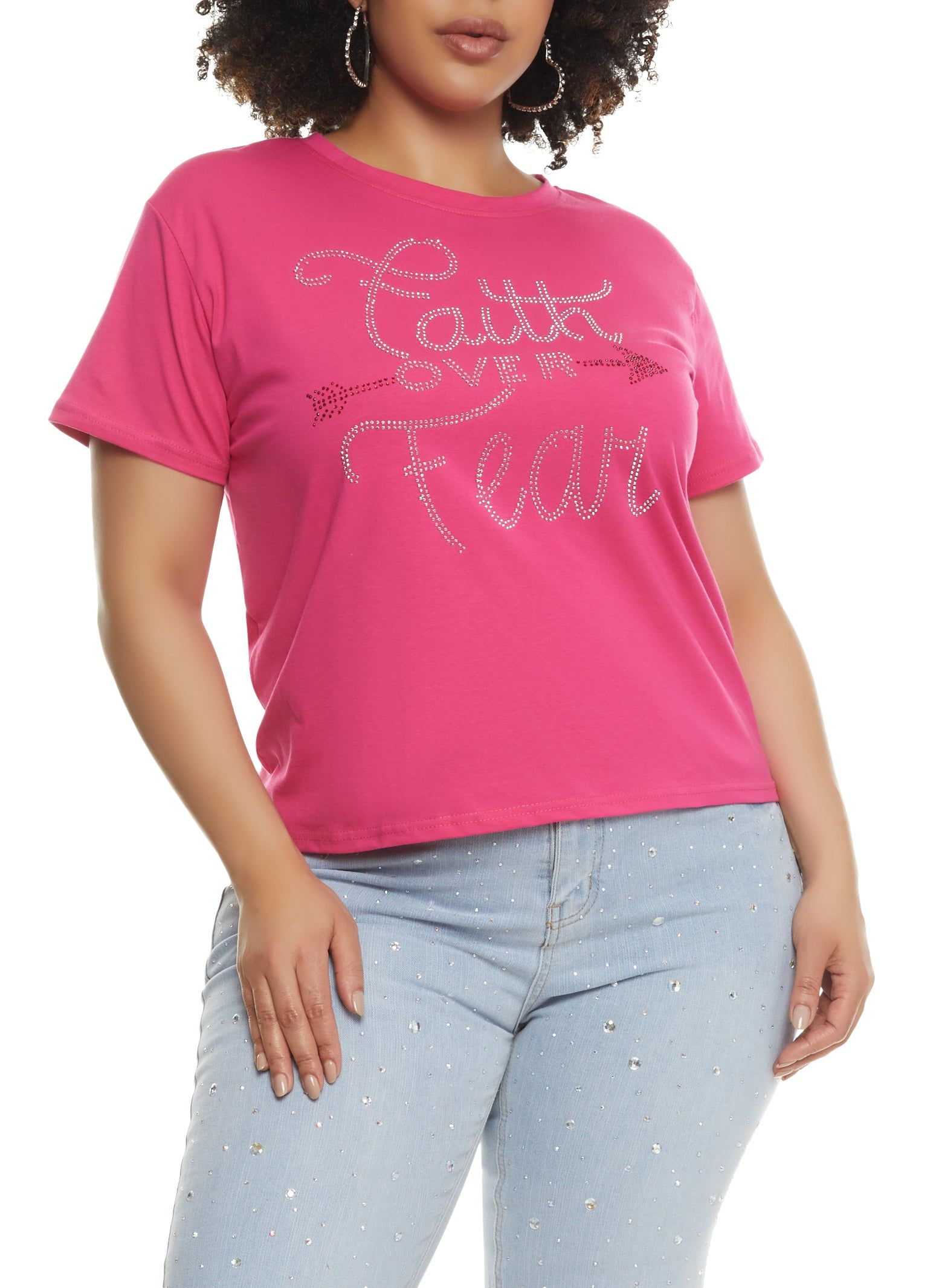 Plus Size Faith Over Fear Rhinestone T Shirt sold by Rainbow