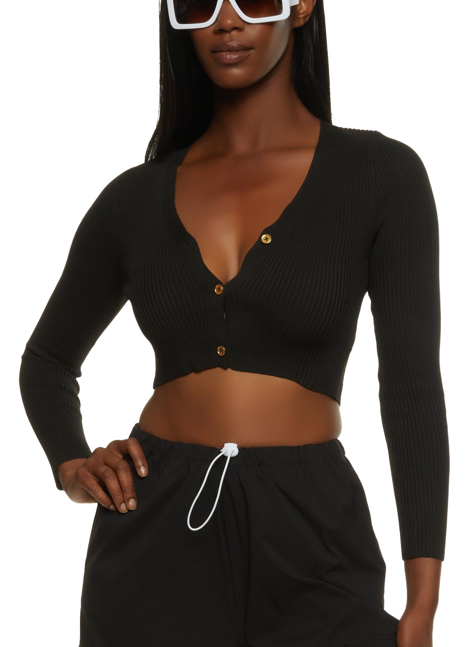 Ribbed Knit Button Front Cropped Cardigan sold by Rainbow