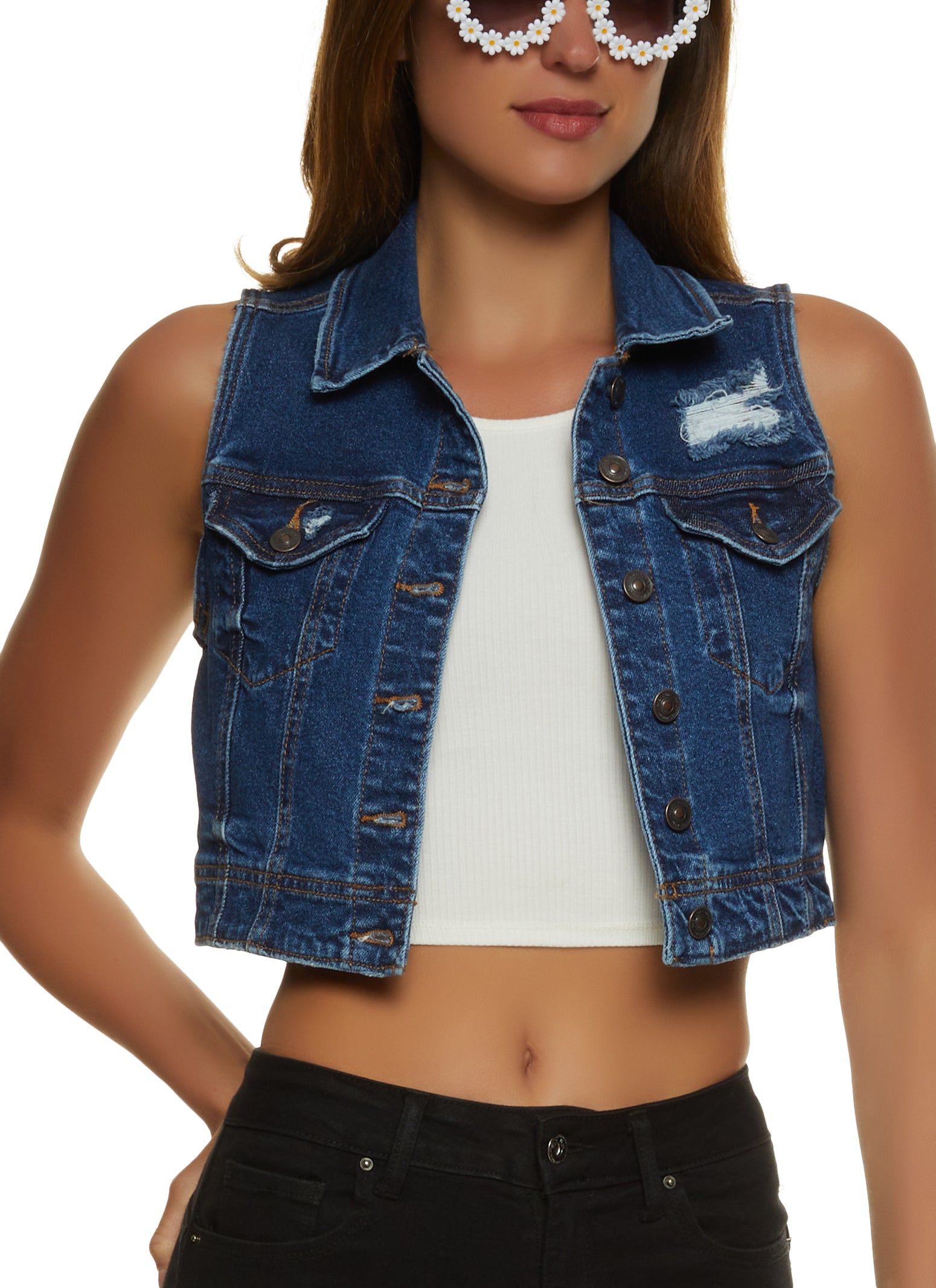 WAX Distressed Denim Cropped Vest sold by Rainbow