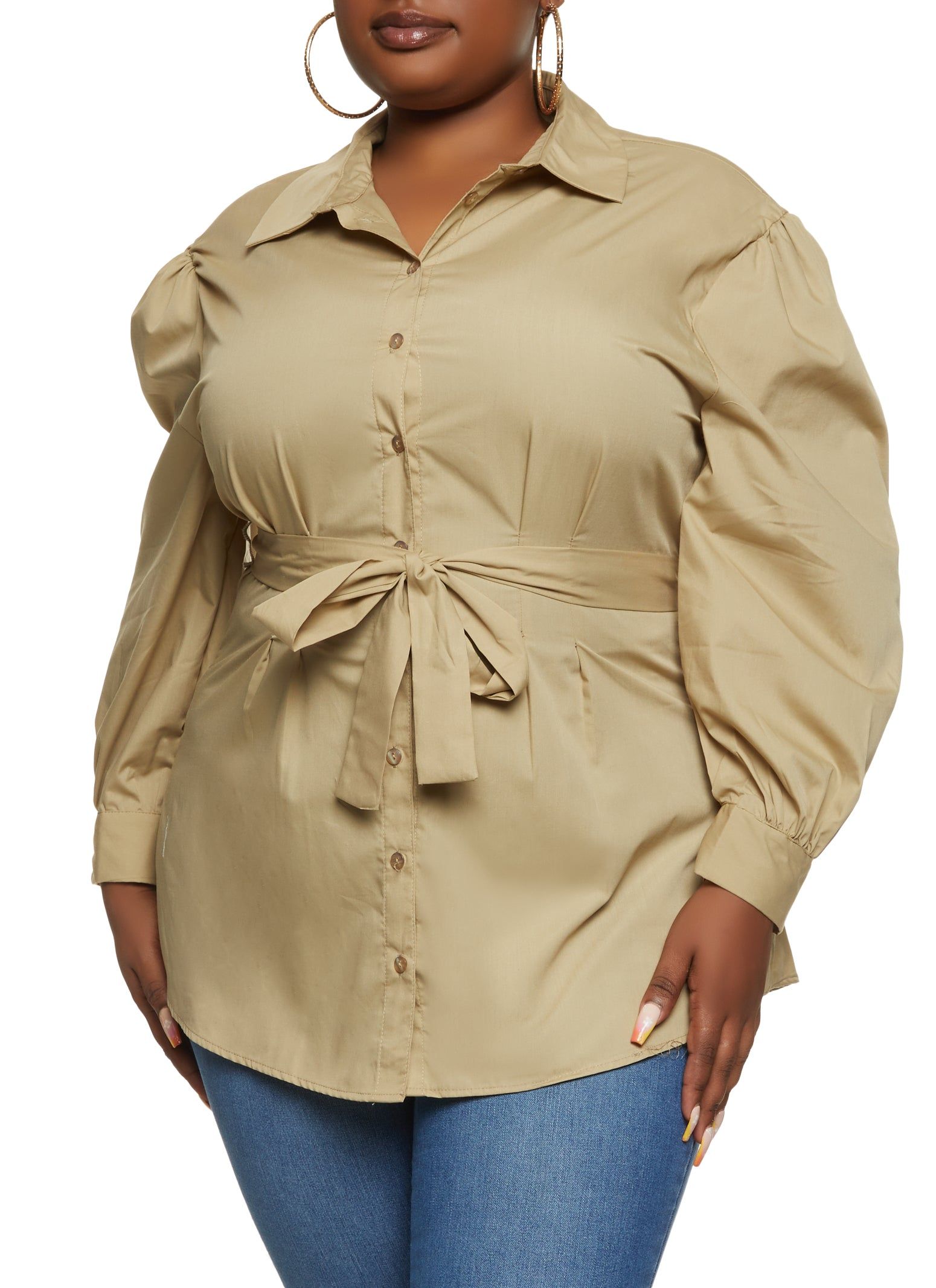 Plus Size Poplin Button Front Tie Waist Shirt sold by Rainbow